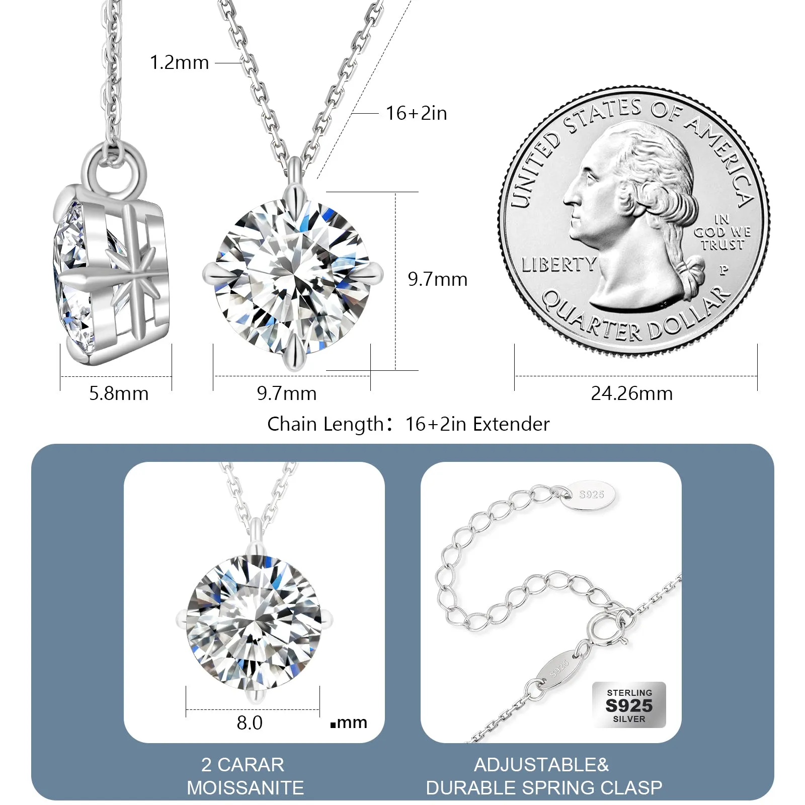 0.5~4.0 Carats VVS1 Moissanite Round Pendant Necklace for Women 0296