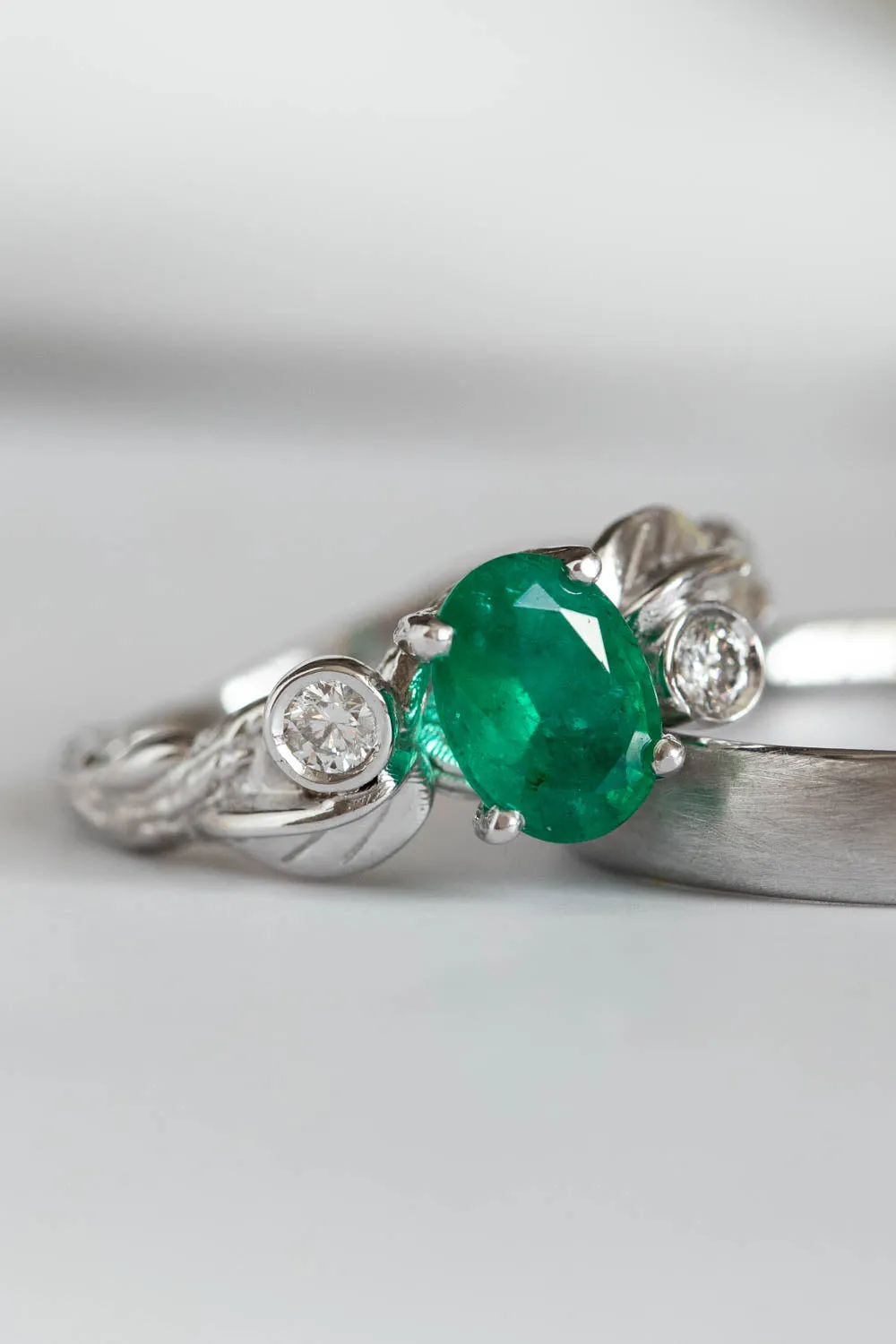 1 carat natural emerald bridal ring set, white gold engagement ring set with diamonds / Arius