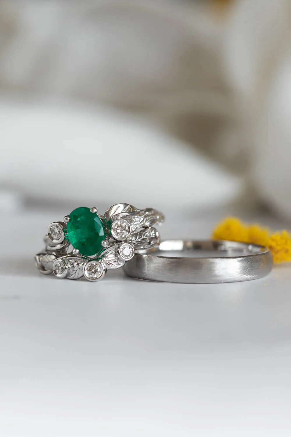 1 carat natural emerald bridal ring set, white gold engagement ring set with diamonds / Arius