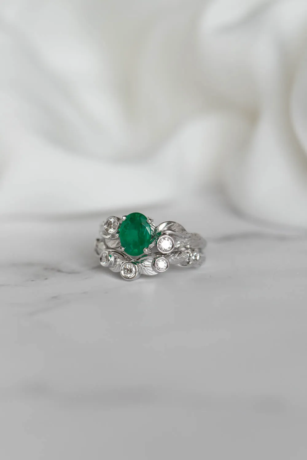 1 carat natural emerald bridal ring set, white gold engagement ring set with diamonds / Arius