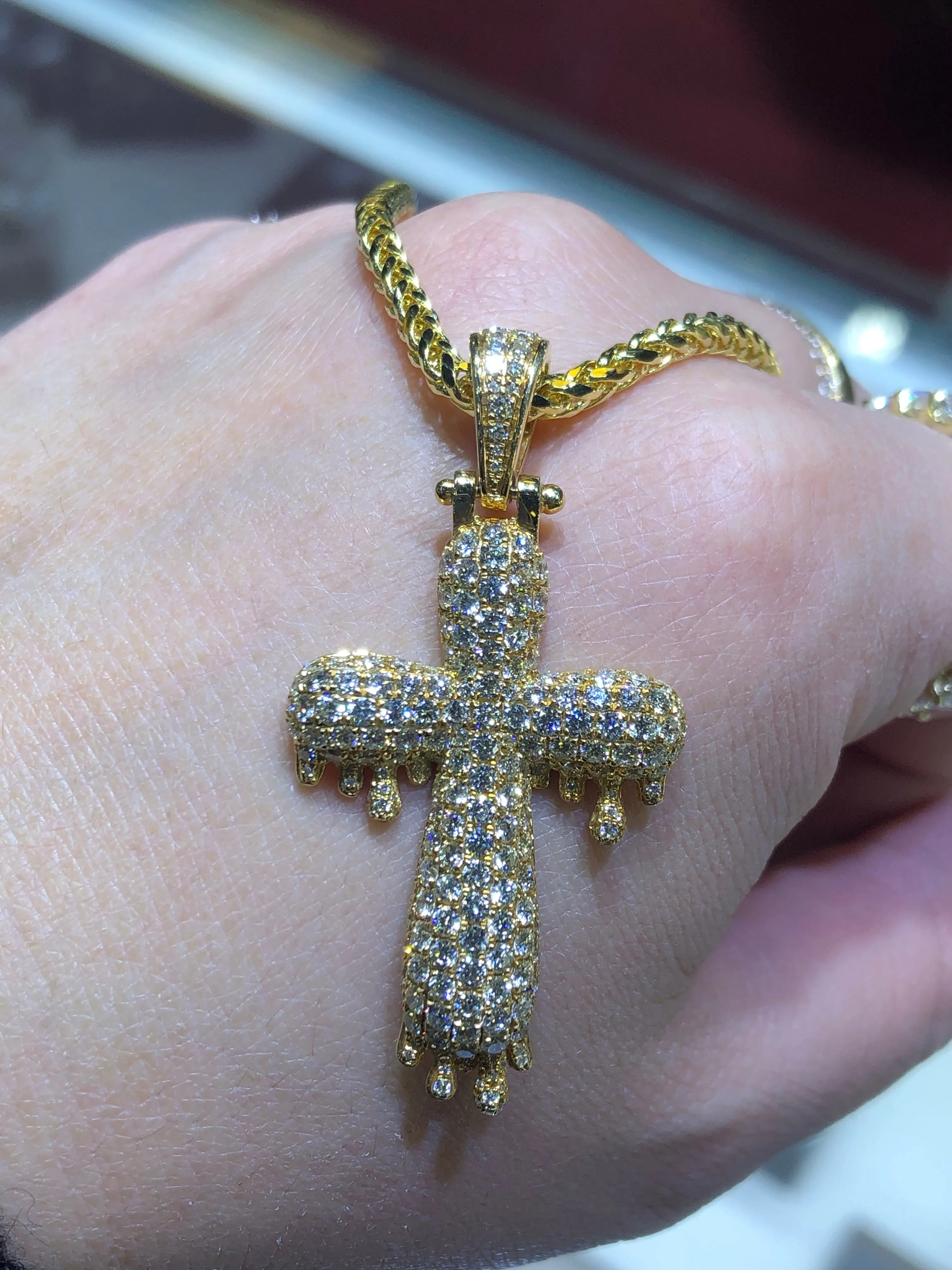 14K Gold Diamond Drip Cross Pendant