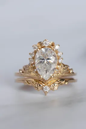 2 carat lab grown diamond bridal ring set, big pear cut ring with diamond crown / Ariadne