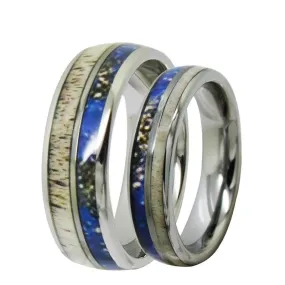 8 & 5mm Deer Antler Inlay and Silver Domed Tungsten Wedding Rings