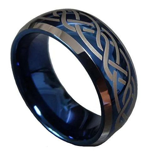 8mm Blue Tungsten Carbide Wedding Ring Laser Celtic Knot Engagement Promise Band Comfort Fit