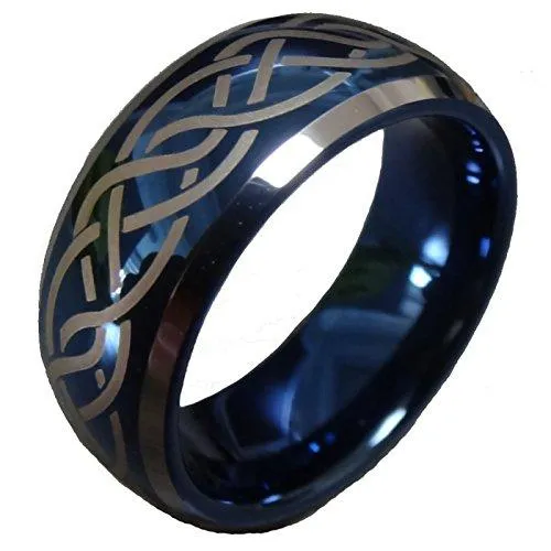 8mm Blue Tungsten Carbide Wedding Ring Laser Celtic Knot Engagement Promise Band Comfort Fit