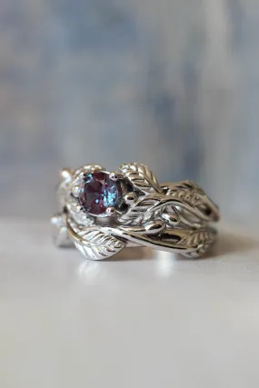 Alexandrite bridal ring set, nature inspired engagement and wedding rings / Cornus