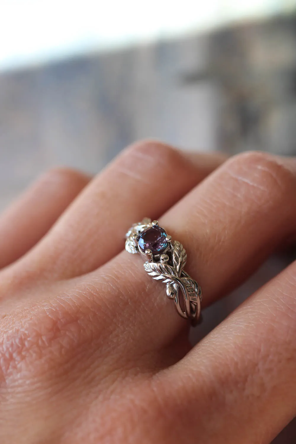 Alexandrite bridal ring set, nature inspired engagement and wedding rings / Cornus