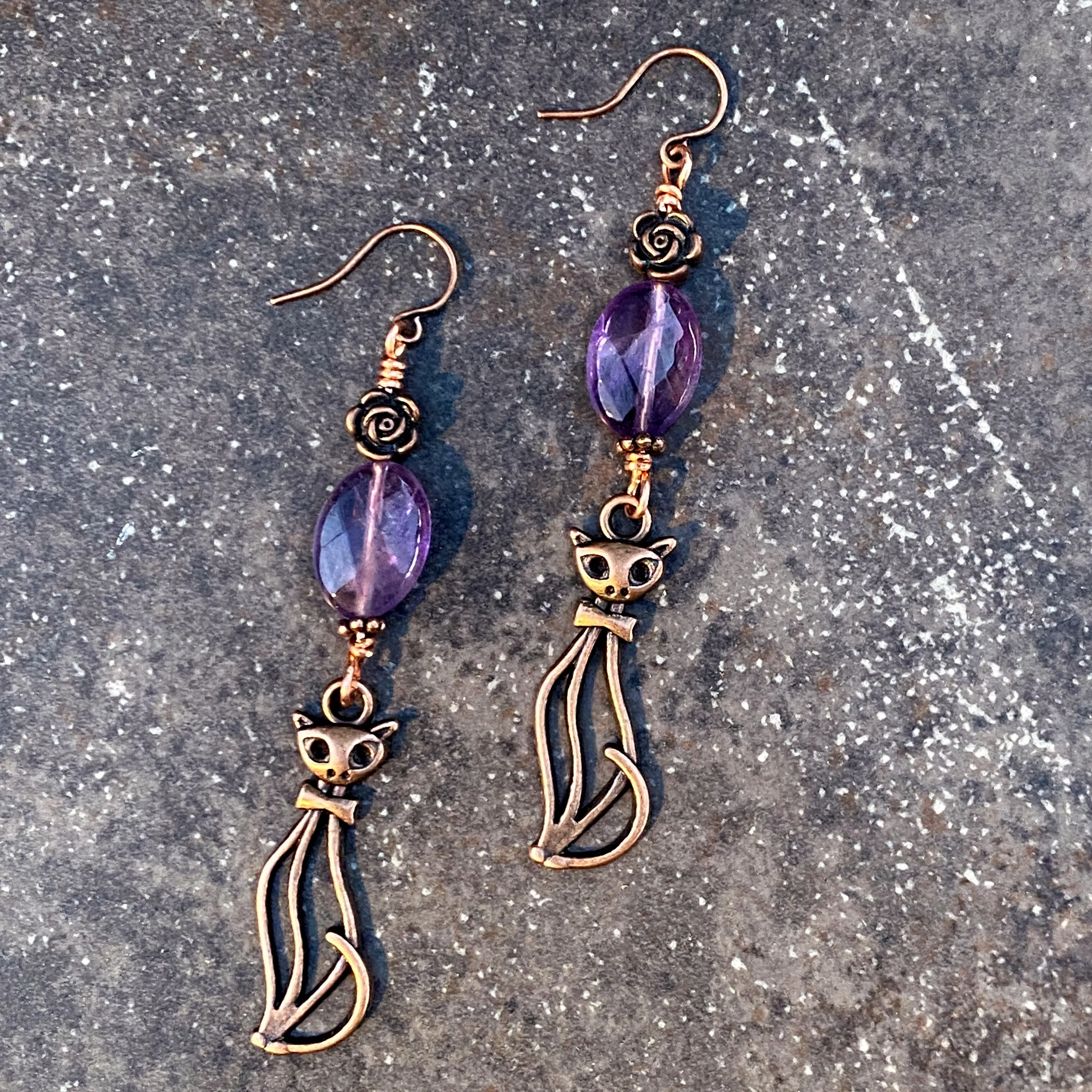 Amethyst gemstone and Copper Kitty Crystal Drop Earrings