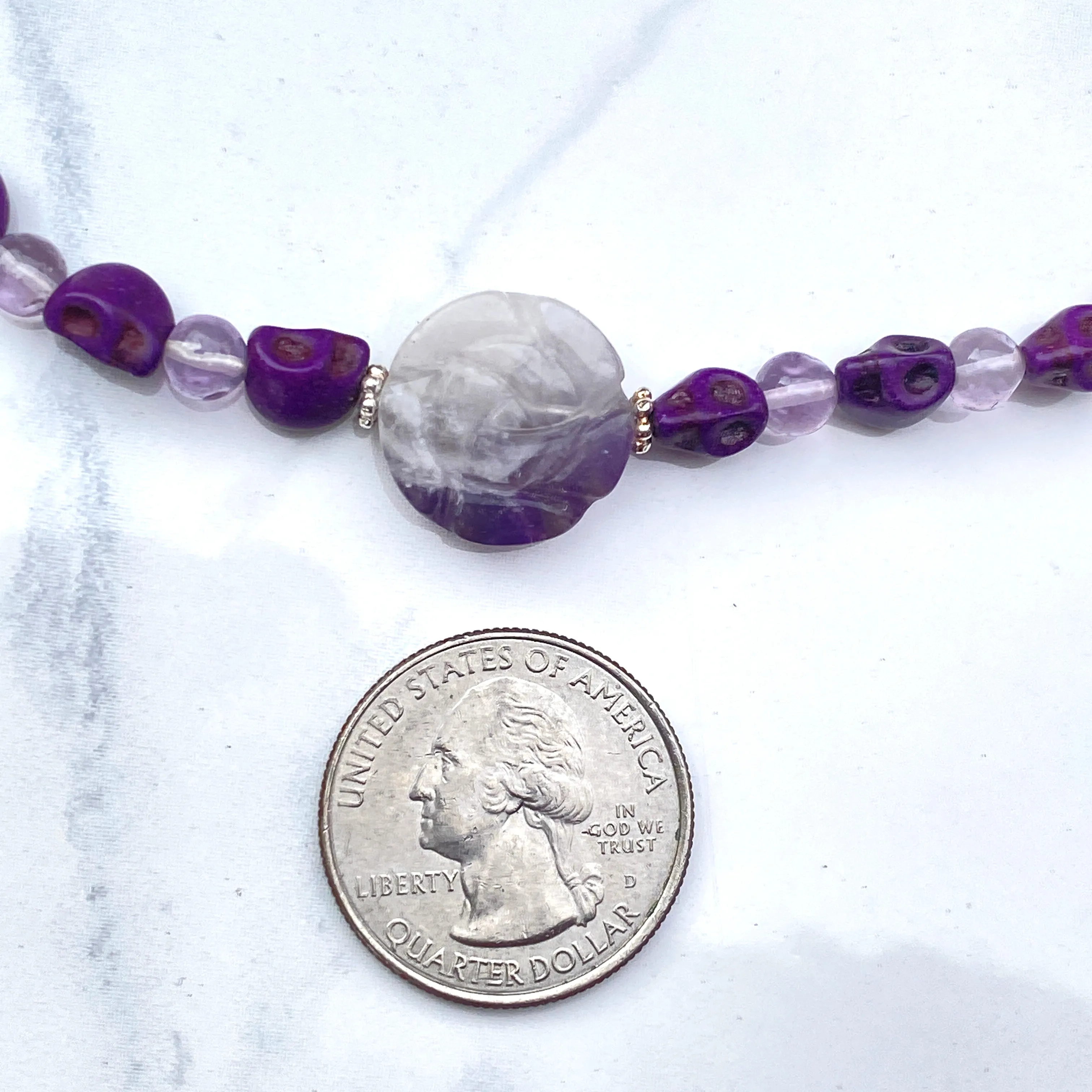 Amethyst gemstone and Howlite Skull and Rose Necklace