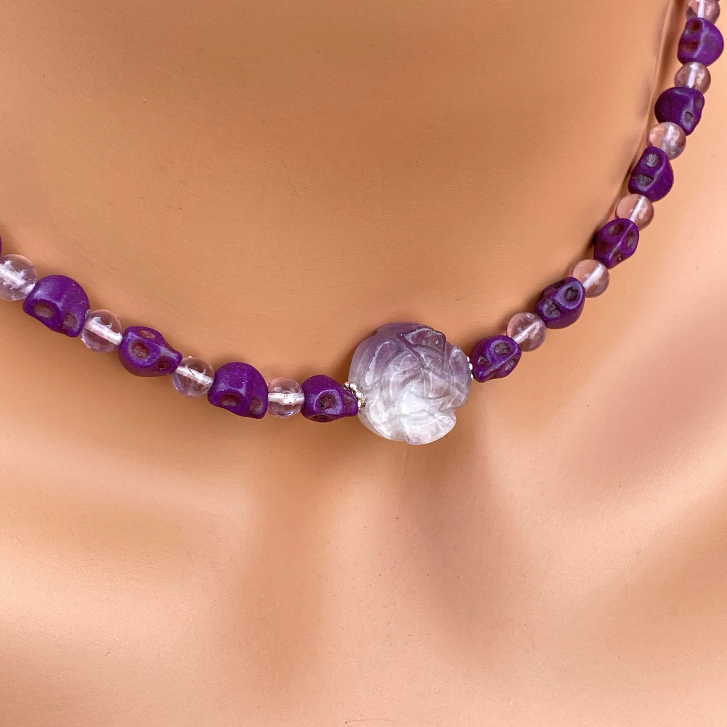 Amethyst gemstone and Howlite Skull and Rose Necklace