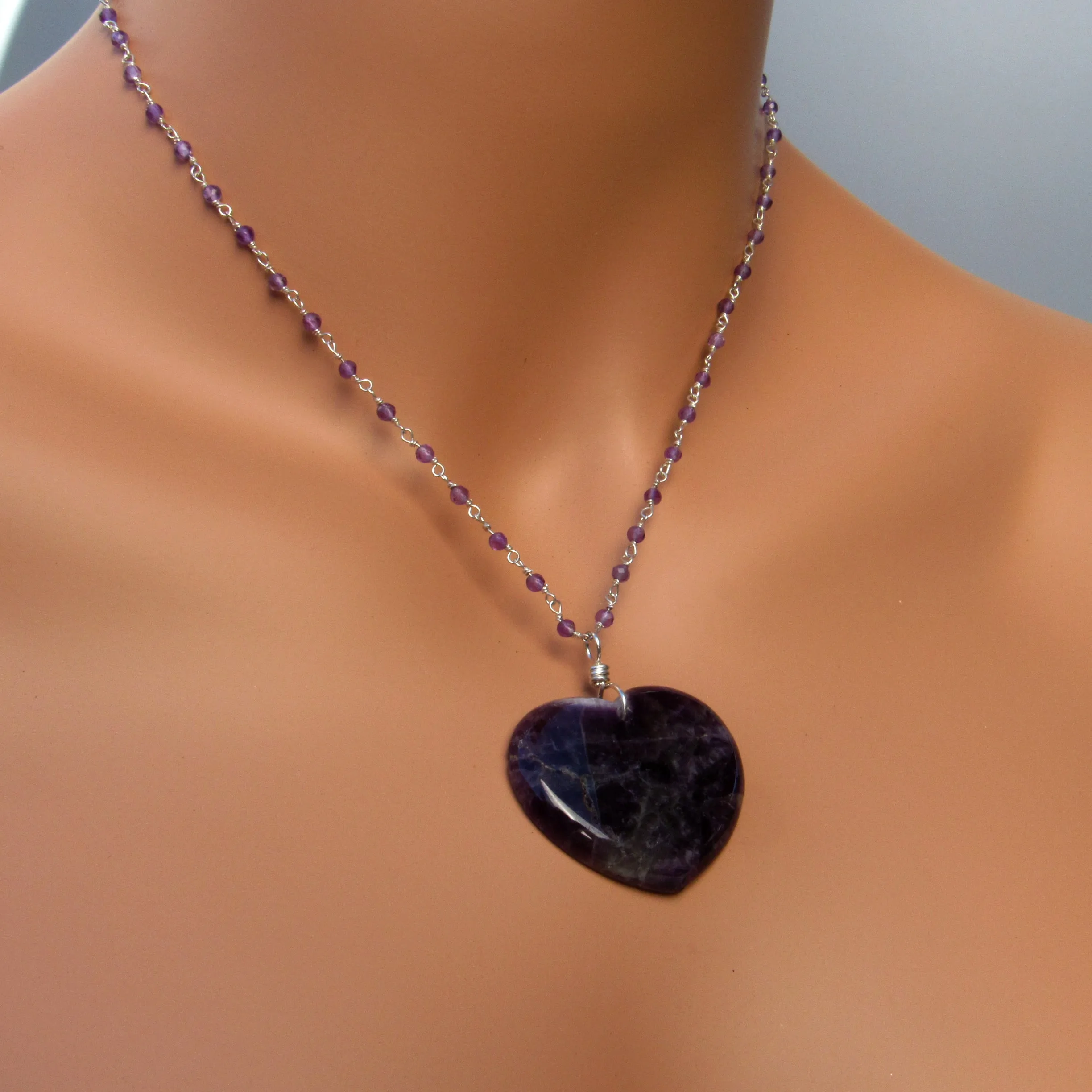 Amethyst gemstone Heart Pendant on Sterling Silver Chain Necklace