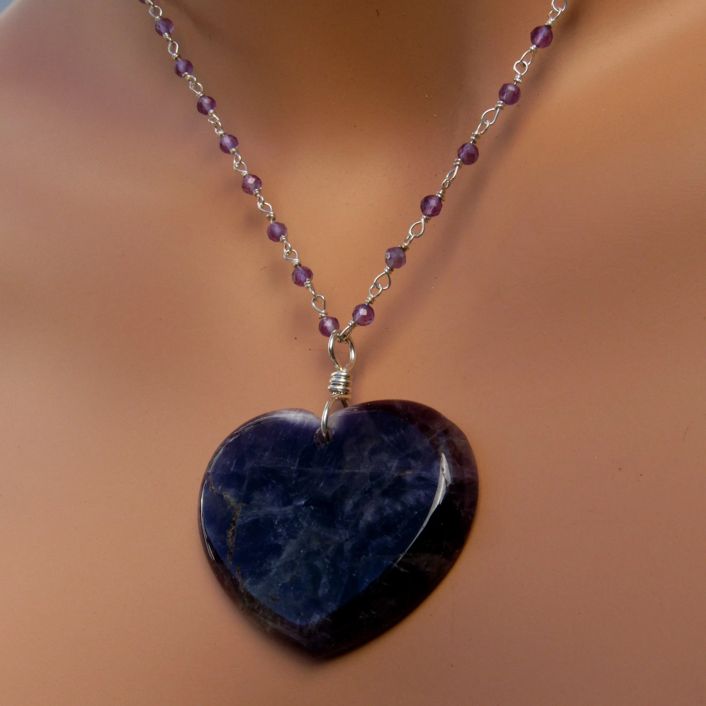 Amethyst gemstone Heart Pendant on Sterling Silver Chain Necklace