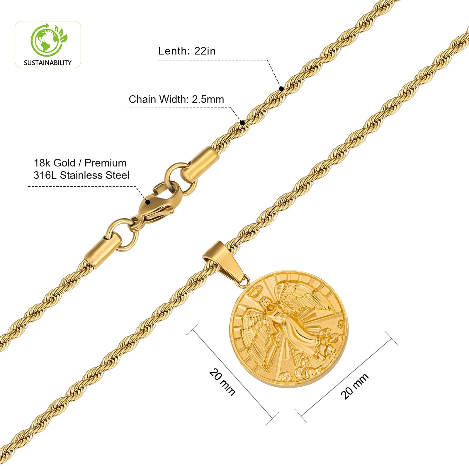 Angle Wing Gold Coin Pendant Necklace with Rope Chain for Men