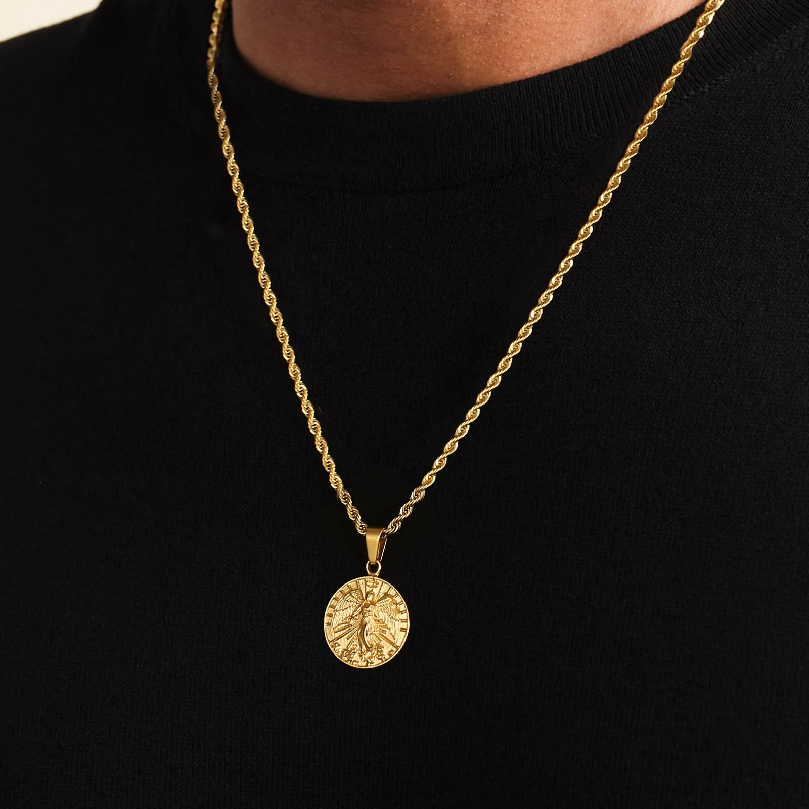 Angle Wing Gold Coin Pendant Necklace with Rope Chain for Men