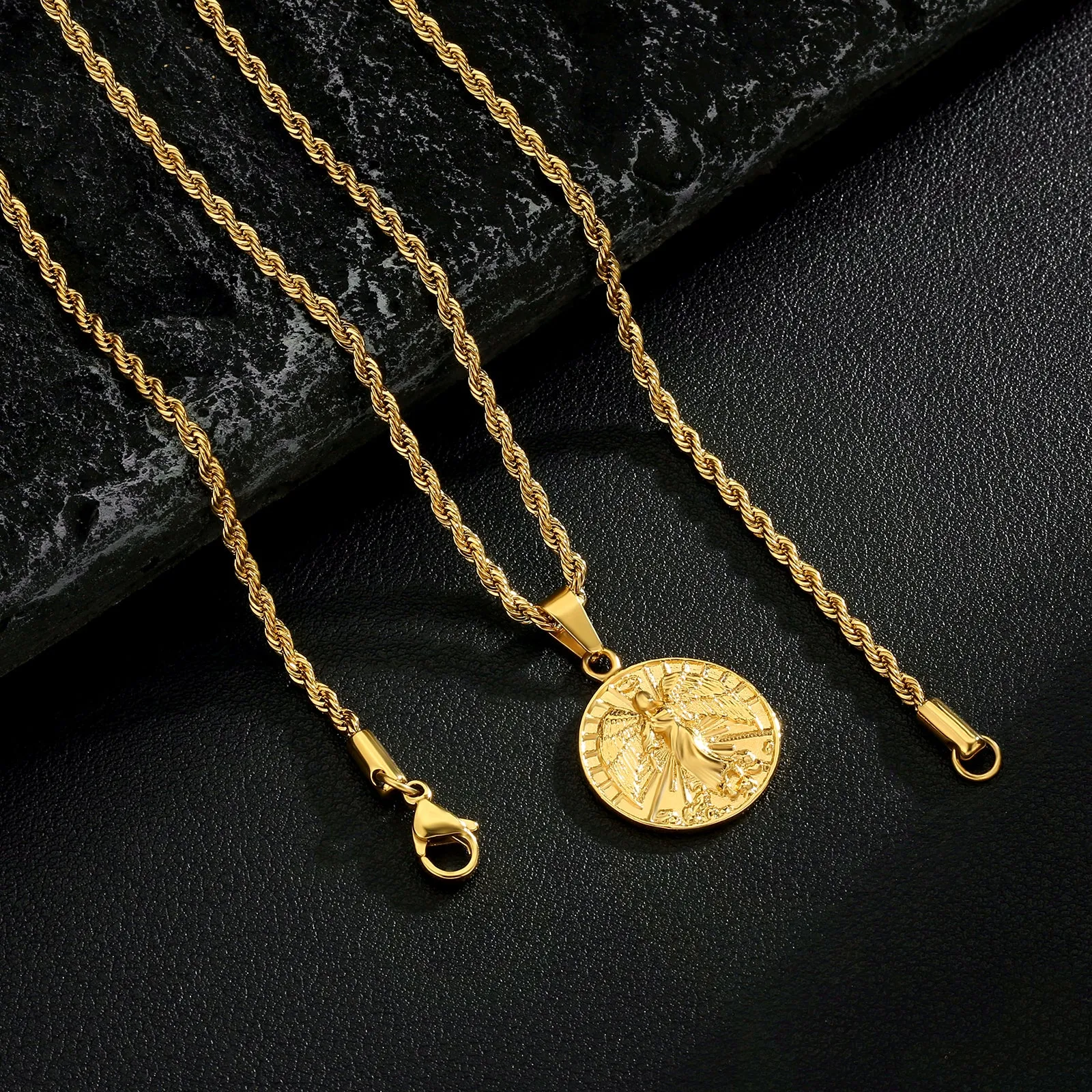 Angle Wing Gold Coin Pendant Necklace with Rope Chain for Men