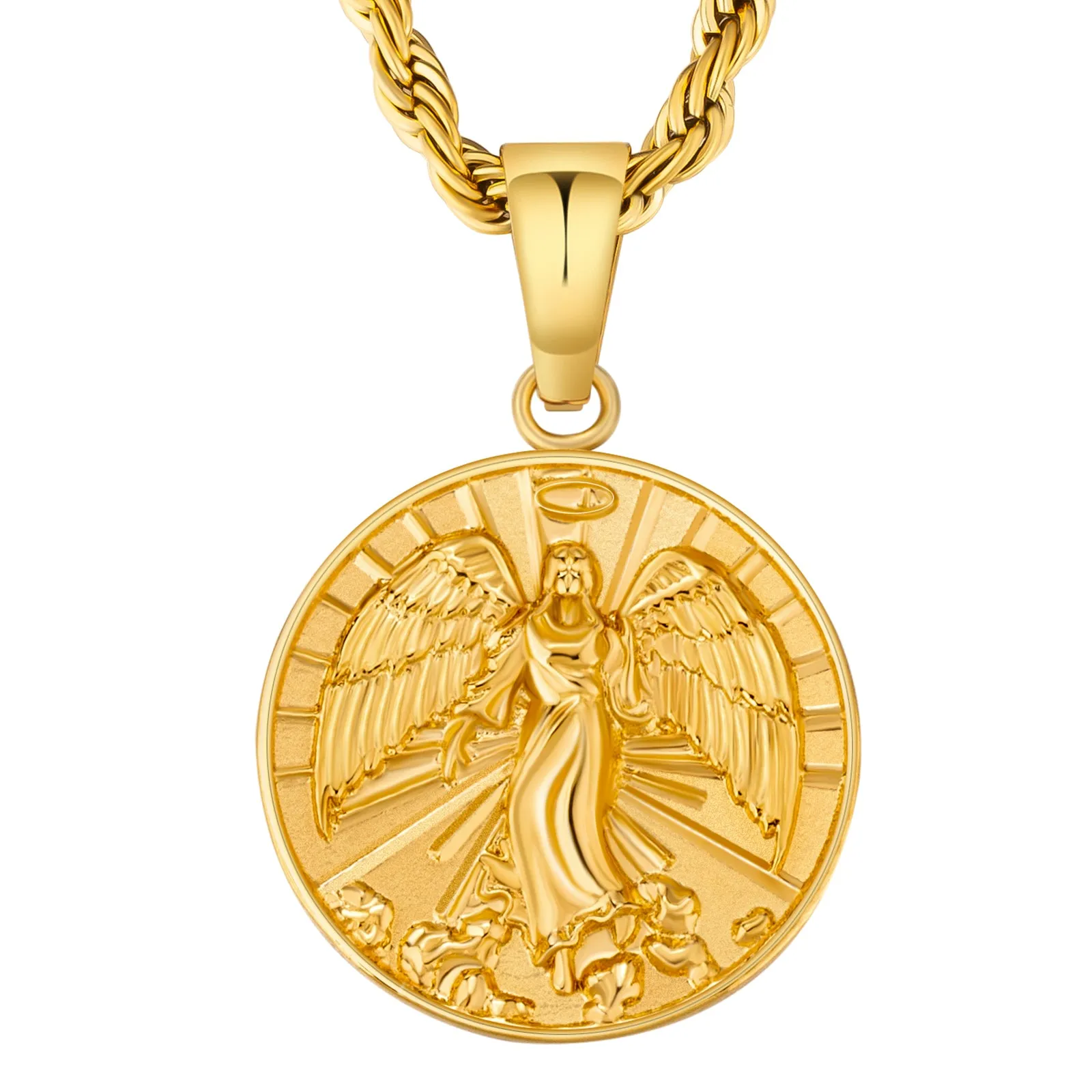 Angle Wing Gold Coin Pendant Necklace with Rope Chain for Men