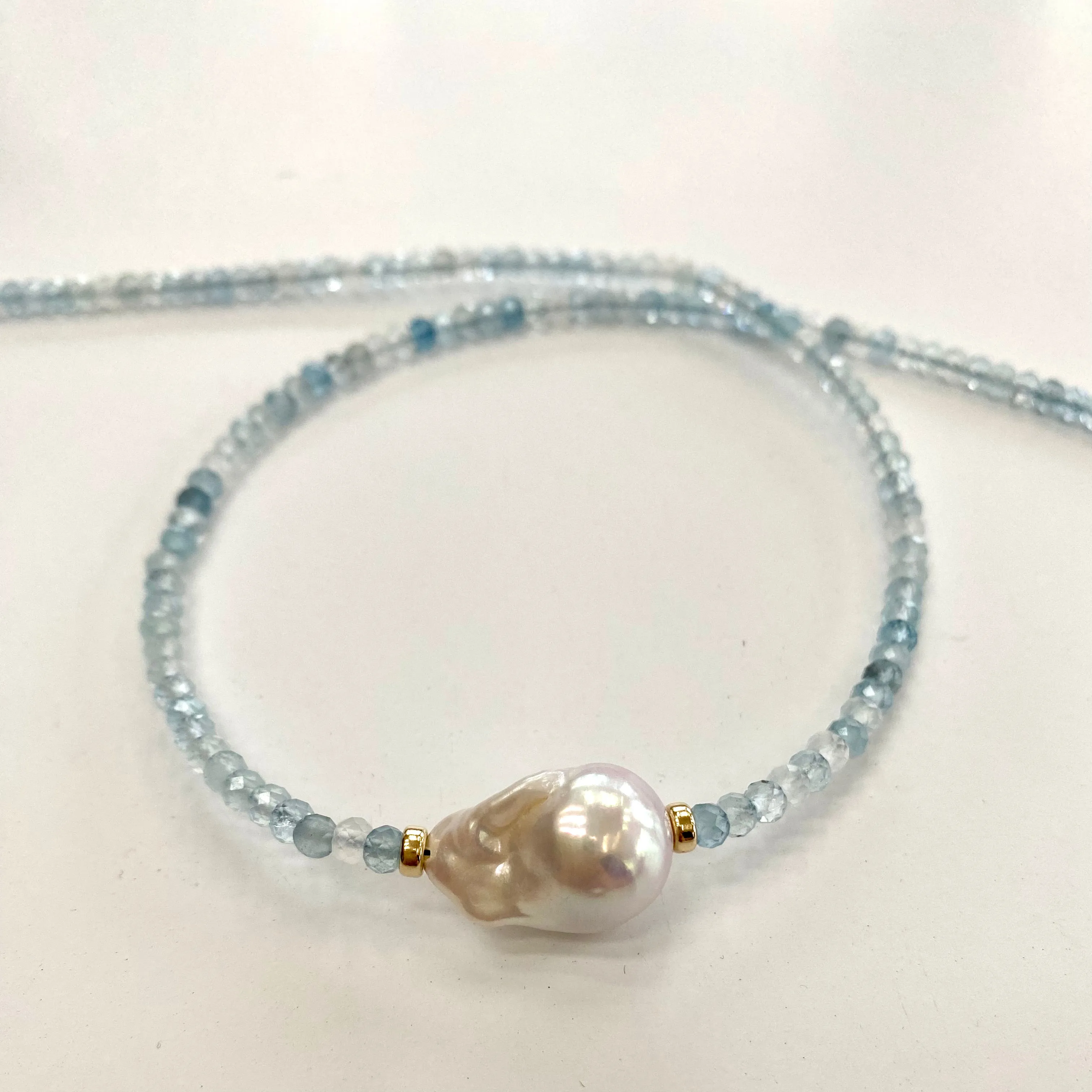 Aquamarine and Baroque Pearl Beaded Necklace, Gold Filled, March Birthstone, 16inches