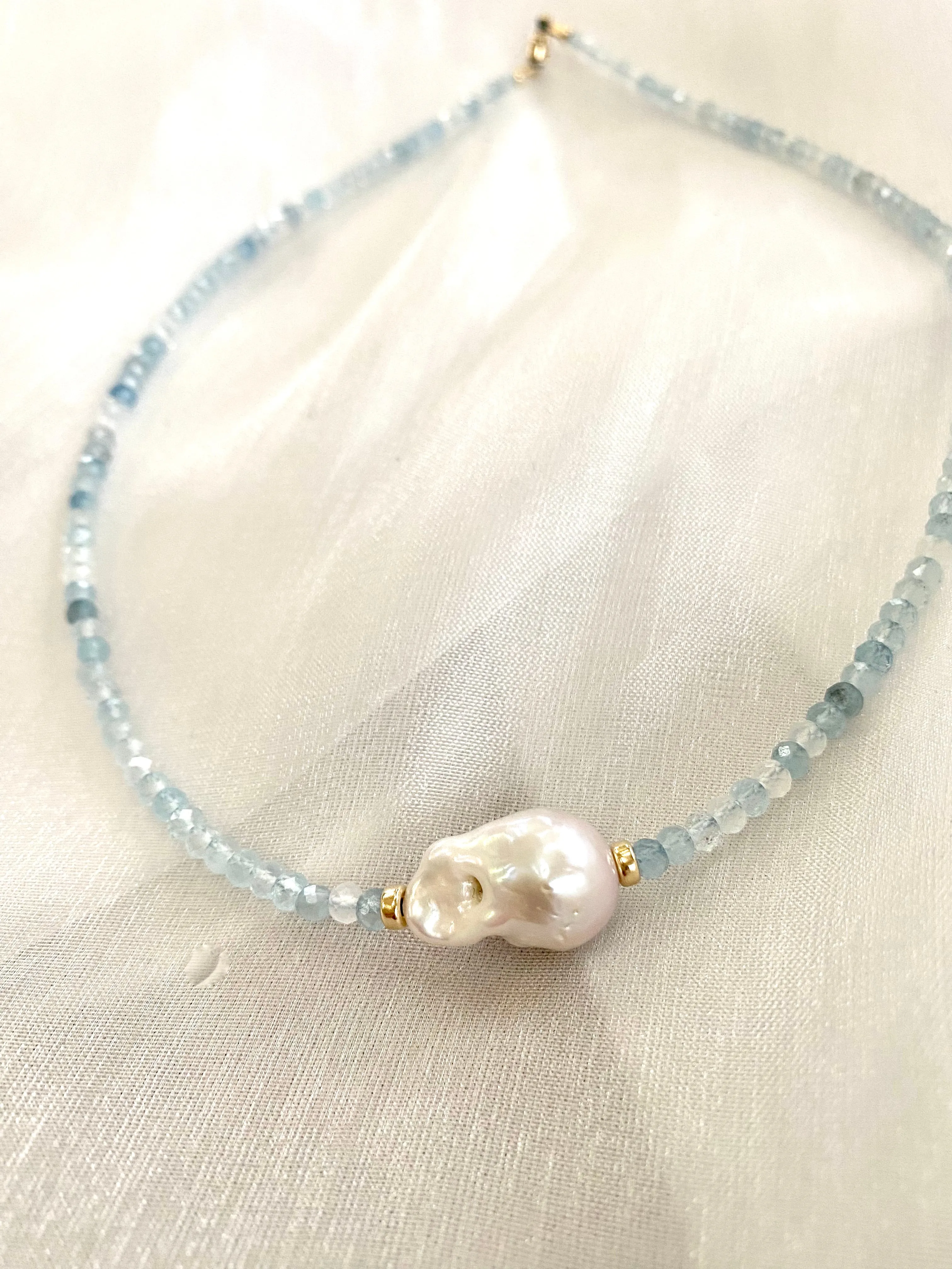 Aquamarine and Baroque Pearl Beaded Necklace, Gold Filled, March Birthstone, 16inches