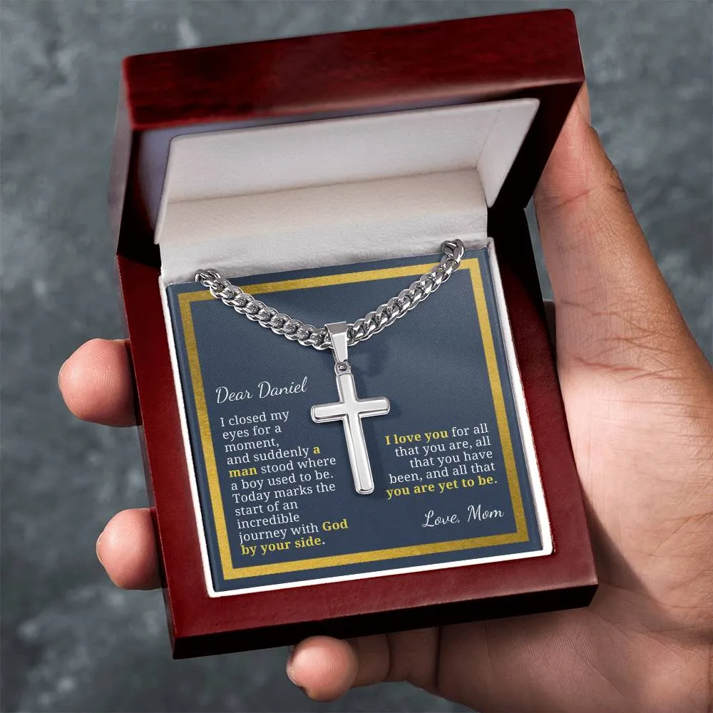 Baptism or Confirmation Gift For Son, Where a Boy Used to Be, Men's Christian Cross Necklace with Cuban Chain, Custom Name Message Card