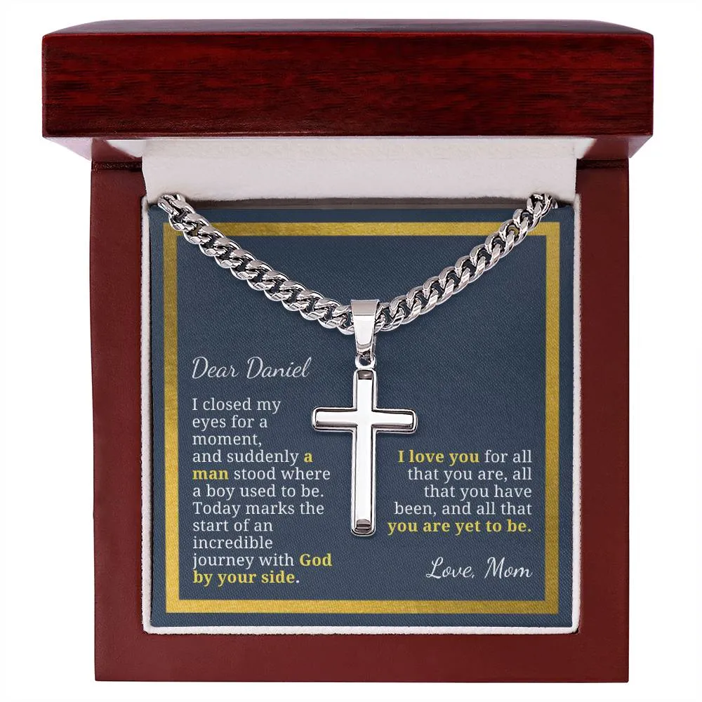 Baptism or Confirmation Gift For Son, Where a Boy Used to Be, Men's Christian Cross Necklace with Cuban Chain, Custom Name Message Card