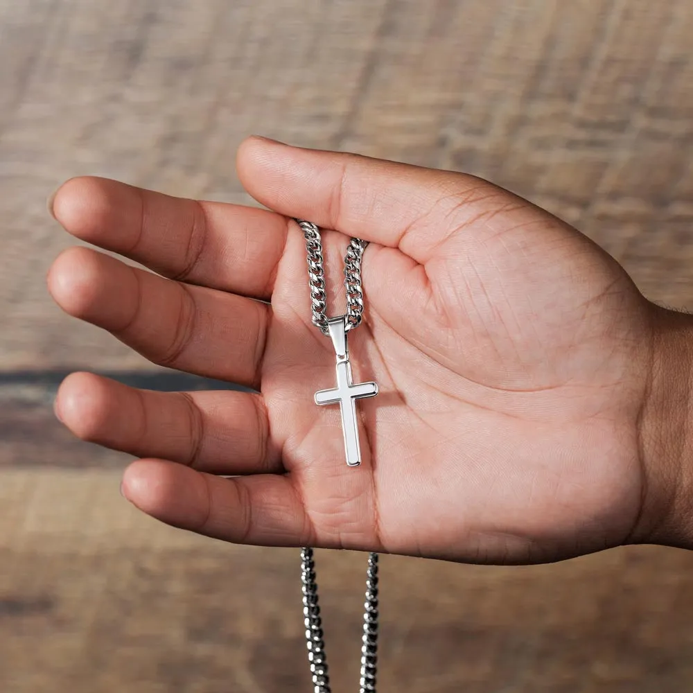 Baptism or Confirmation Gift For Son, Where a Boy Used to Be, Men's Christian Cross Necklace with Cuban Chain, Custom Name Message Card