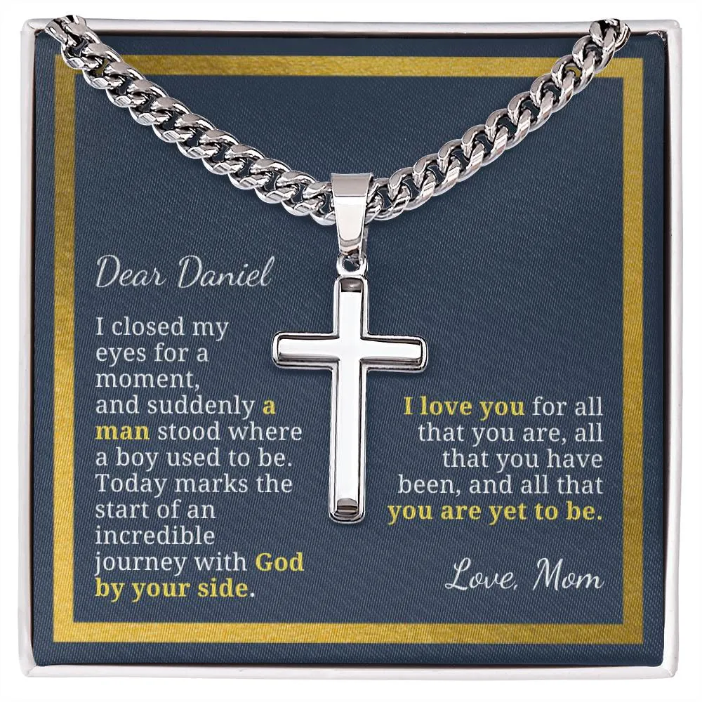 Baptism or Confirmation Gift For Son, Where a Boy Used to Be, Men's Christian Cross Necklace with Cuban Chain, Custom Name Message Card