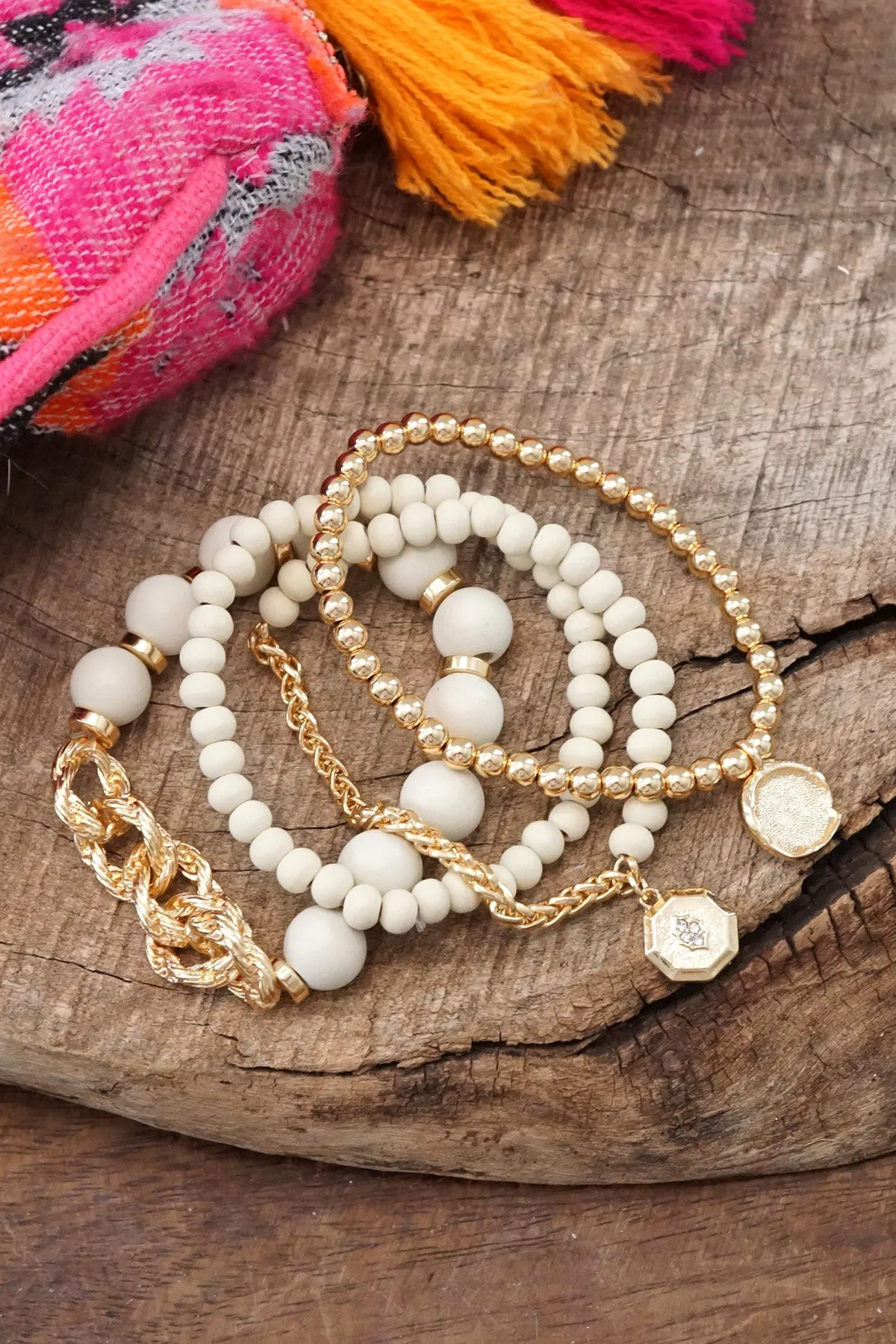 Beaded Bracelets set Cream wooden Beads Chain Coin Charms