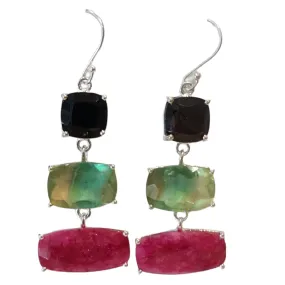 Black Onyx Flourite Indian Ruby Drop Earrings