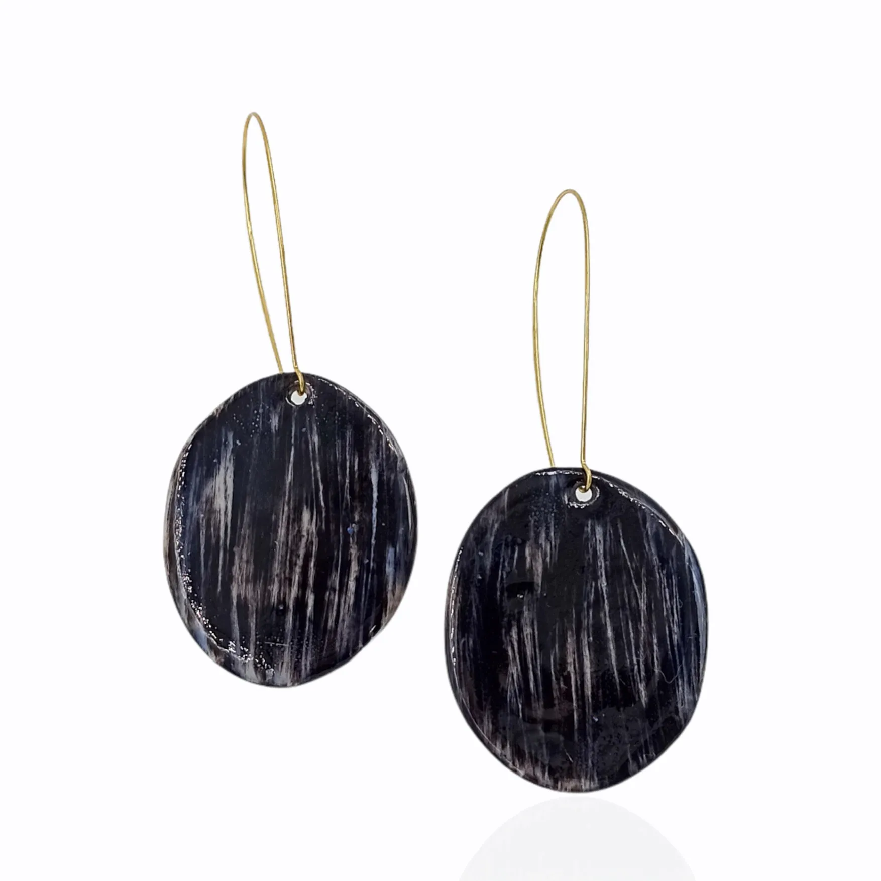 Black oval porcelain long earrings