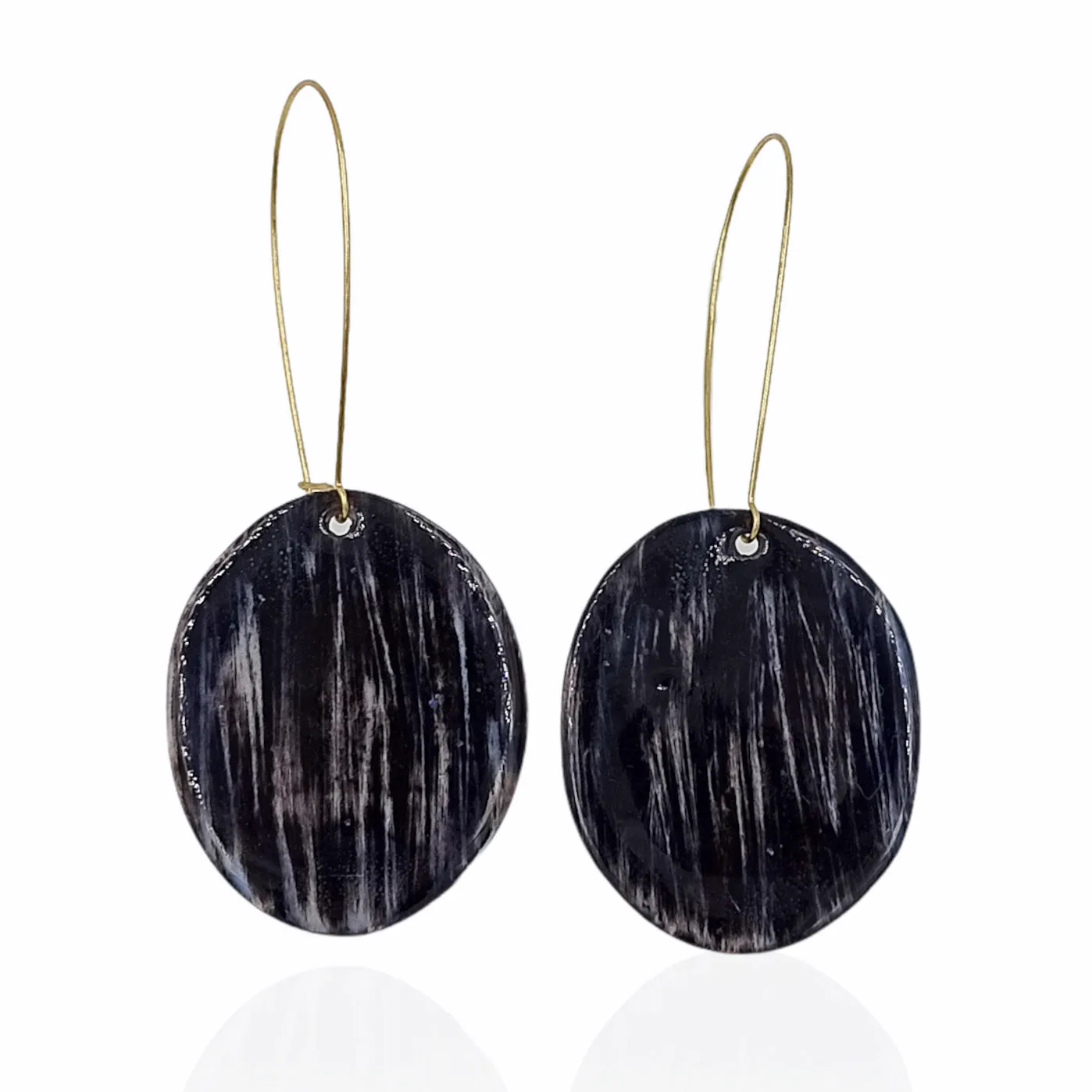 Black oval porcelain long earrings