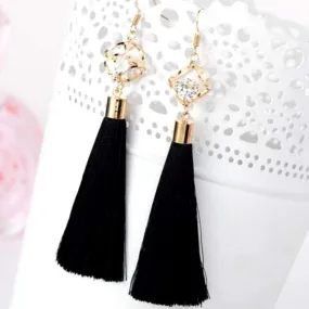 Black Tassel Earrings with Gold Square and Crystal