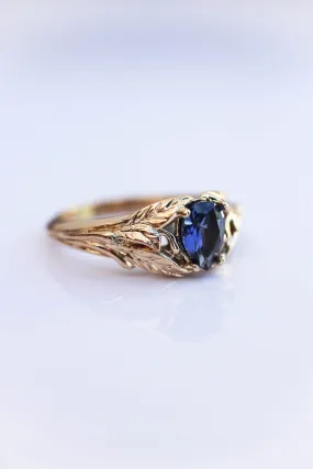 Blue lab sapphire ring, gold leaves engagement ring / Wisteria