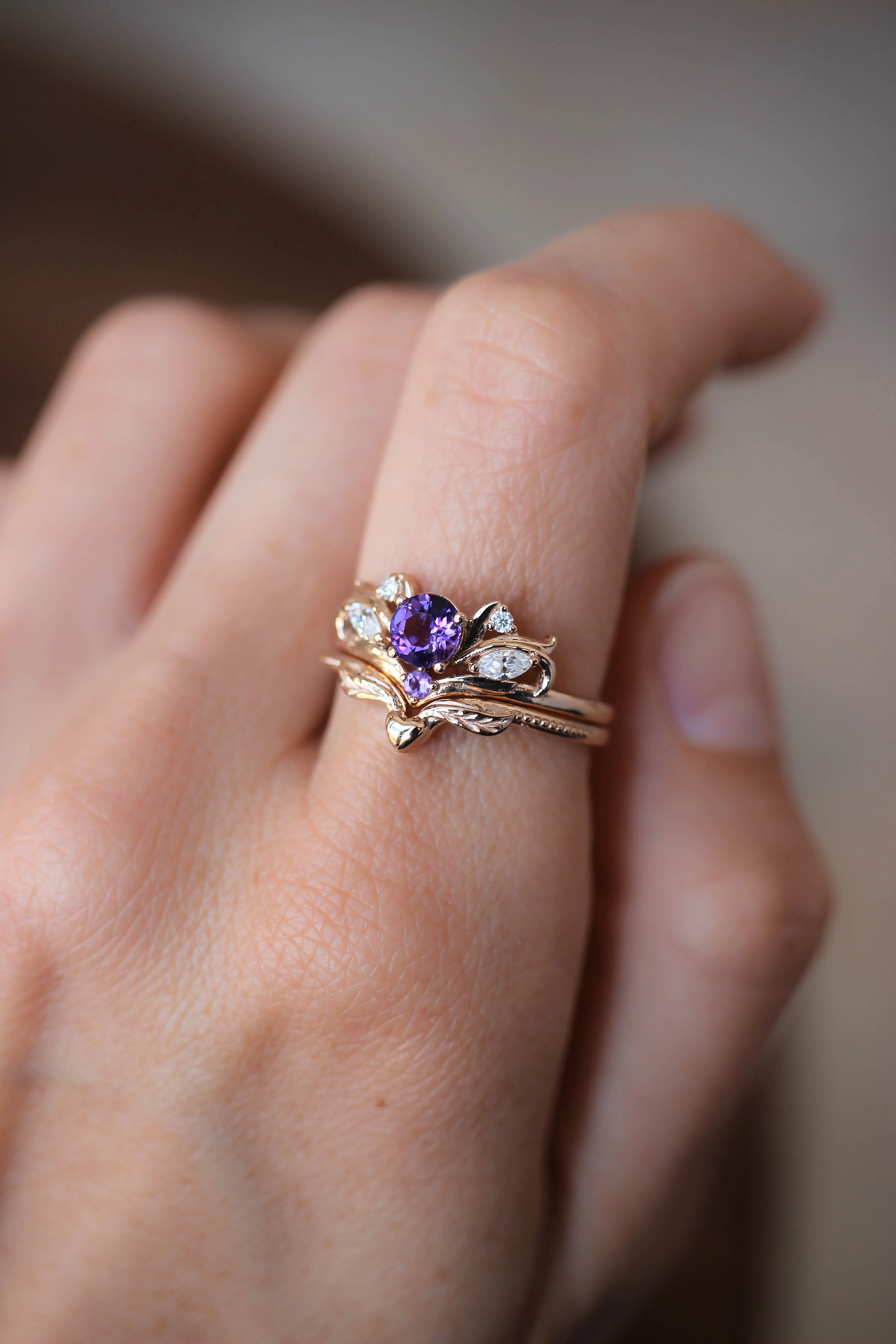 Bridal ring set with amethyst / Swanlake