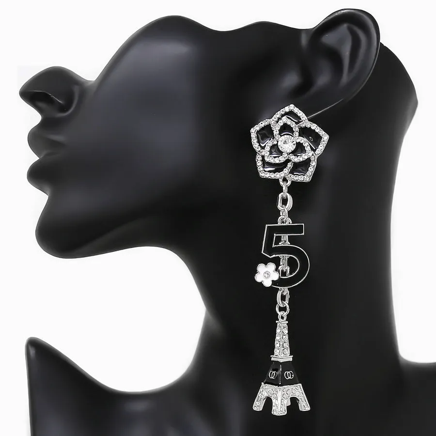 Camelia Flower Eiffel Tower Dangle Earrings