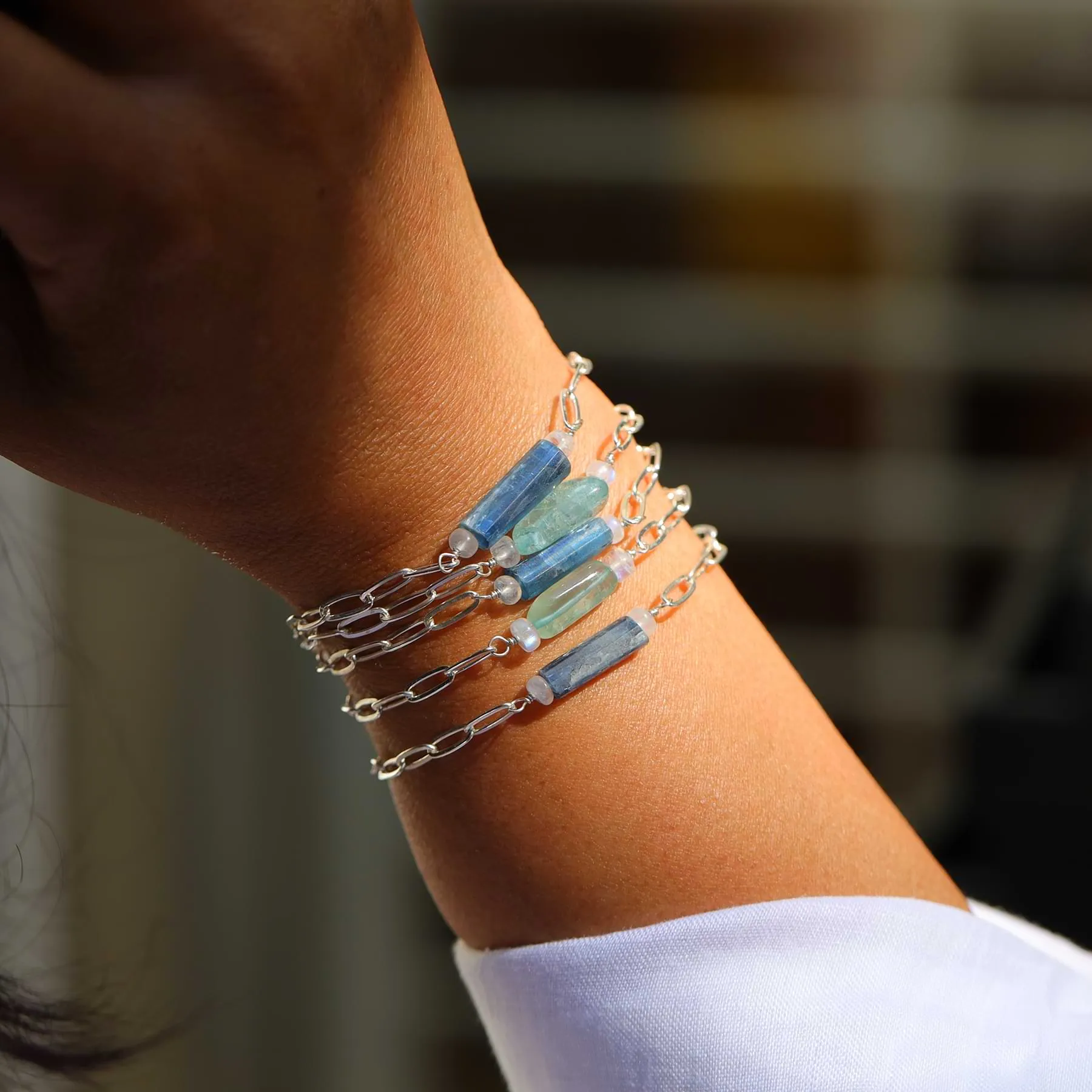 Camillia - Raw Kyanite or Organic Aquamarine Sterling Silver Chain Bracelet