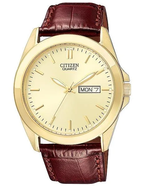 Citizen Quartz Mens Day/Date Strap Watch - Champagne Dial and Gold-Tone Case