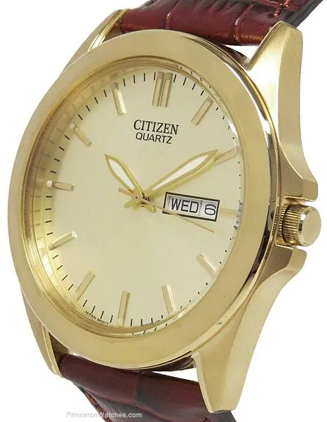 Citizen Quartz Mens Day/Date Strap Watch - Champagne Dial and Gold-Tone Case