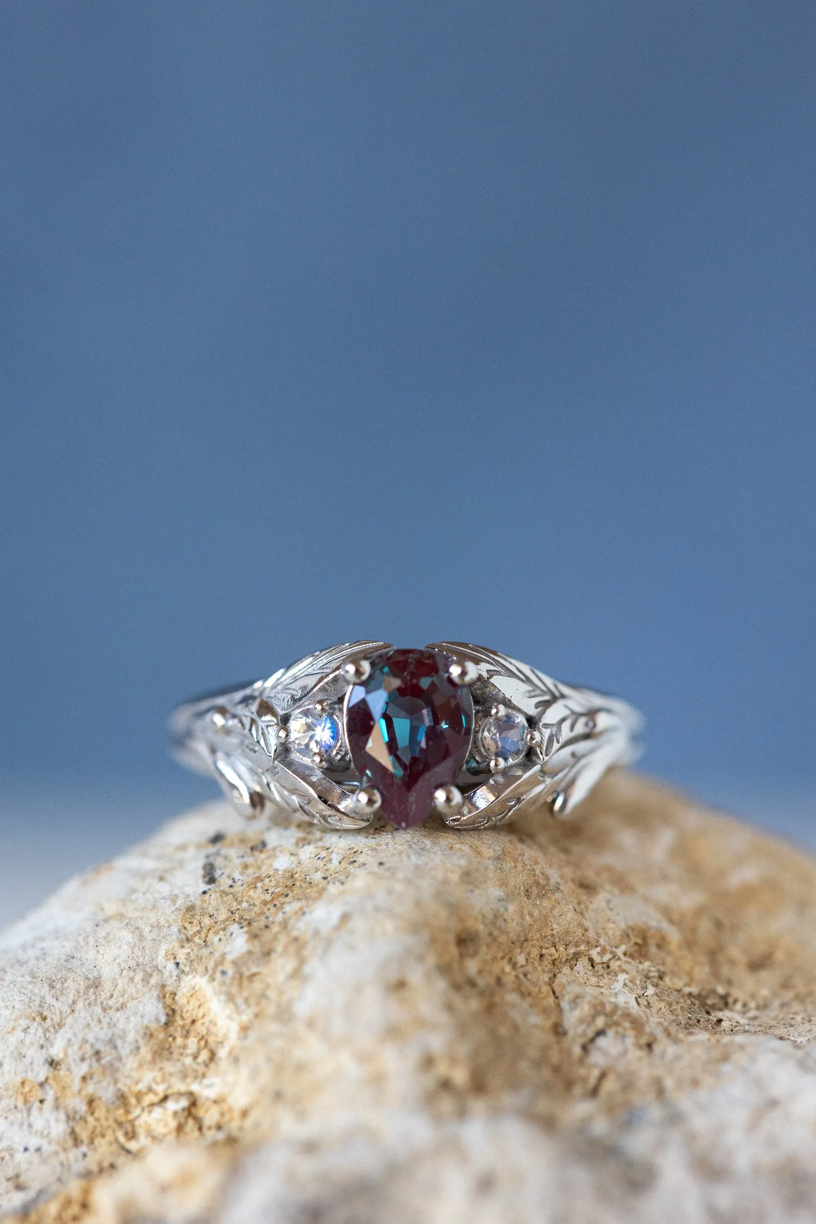 Colour changing alexandrite engagement ring, gold twig ring with side moonstones / Wisteria