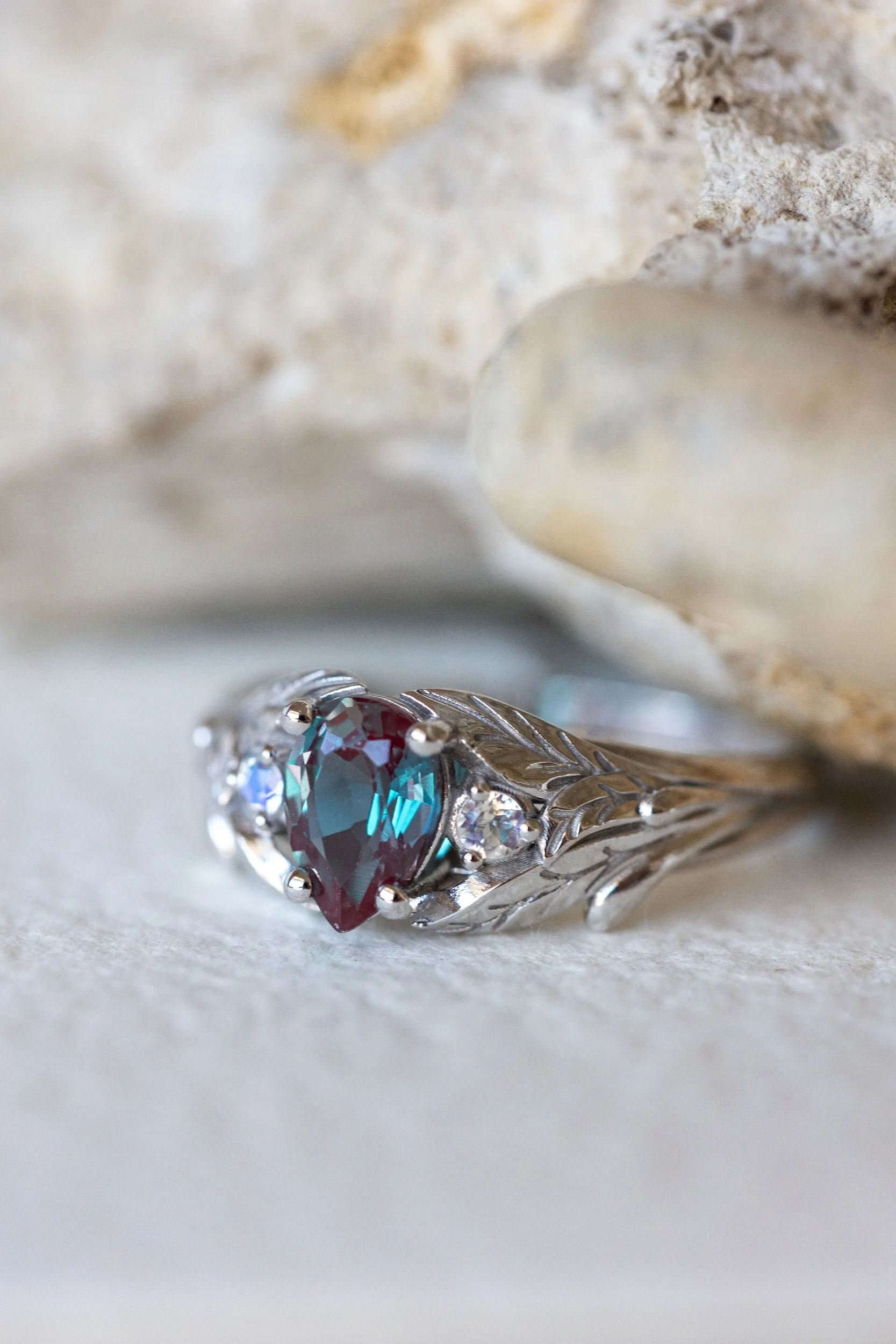 Colour changing alexandrite engagement ring, gold twig ring with side moonstones / Wisteria