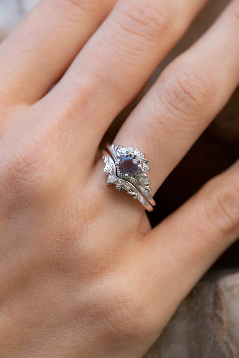 Colour changing alexandrite engagement ring set, fantasy white gold bridal ring set with diamonds  / Ariadne