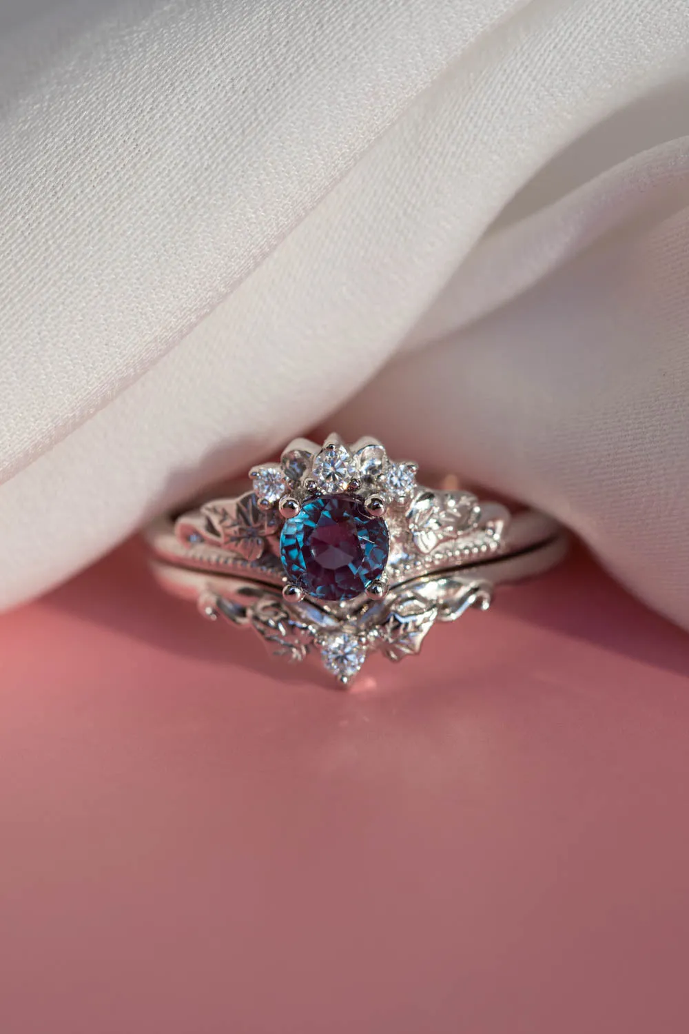 Colour changing alexandrite engagement ring set, fantasy white gold bridal ring set with diamonds  / Ariadne