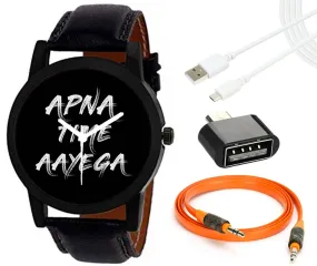 Combo of Apna Time Aayega Edition Analog Watch With Aux Cable , OTG Adapter And Data Cable