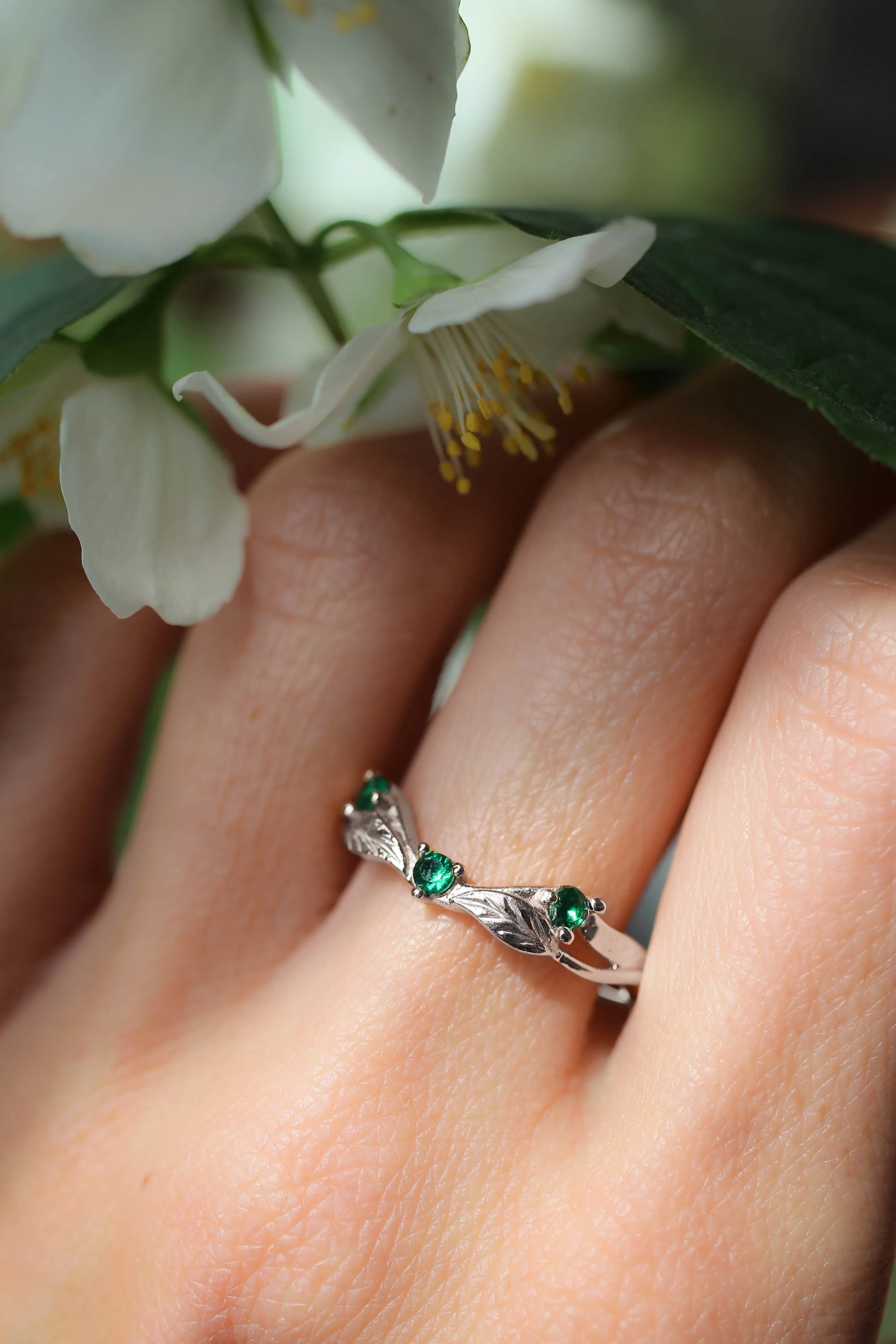 Curved wedding band with lab emeralds / matching band for Clematis