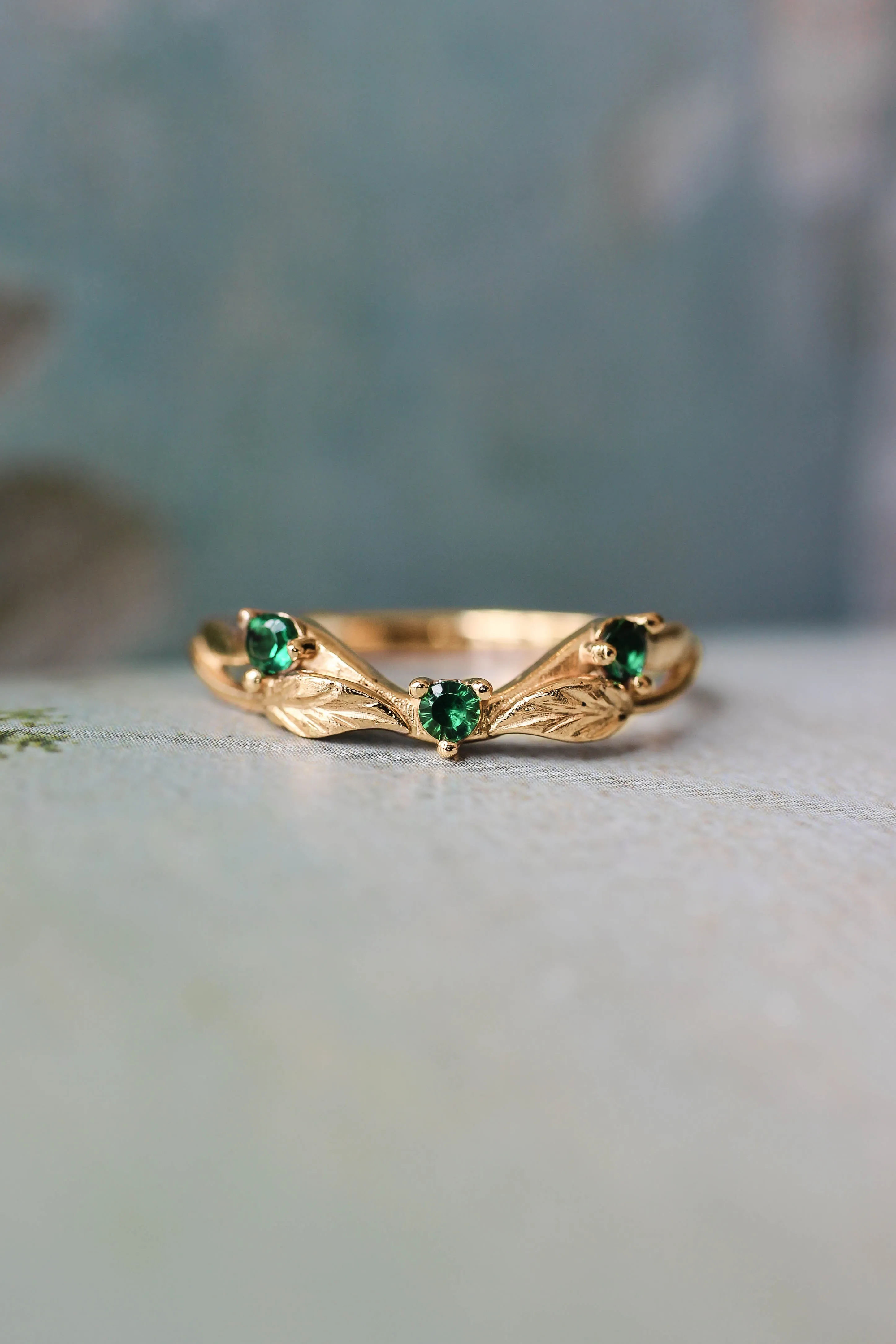 Curved wedding band with lab emeralds / matching band for Clematis