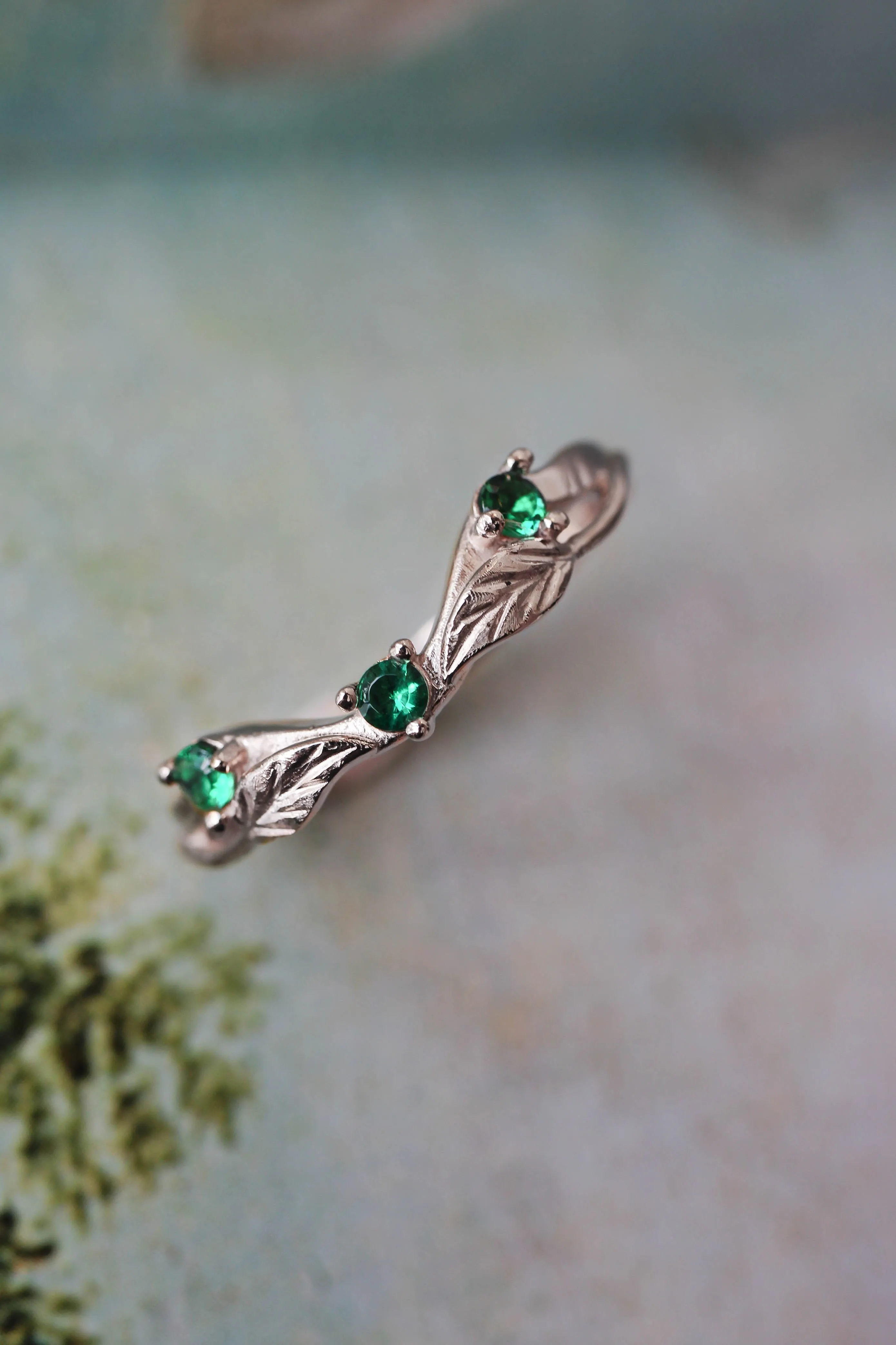 Curved wedding band with lab emeralds / matching band for Clematis