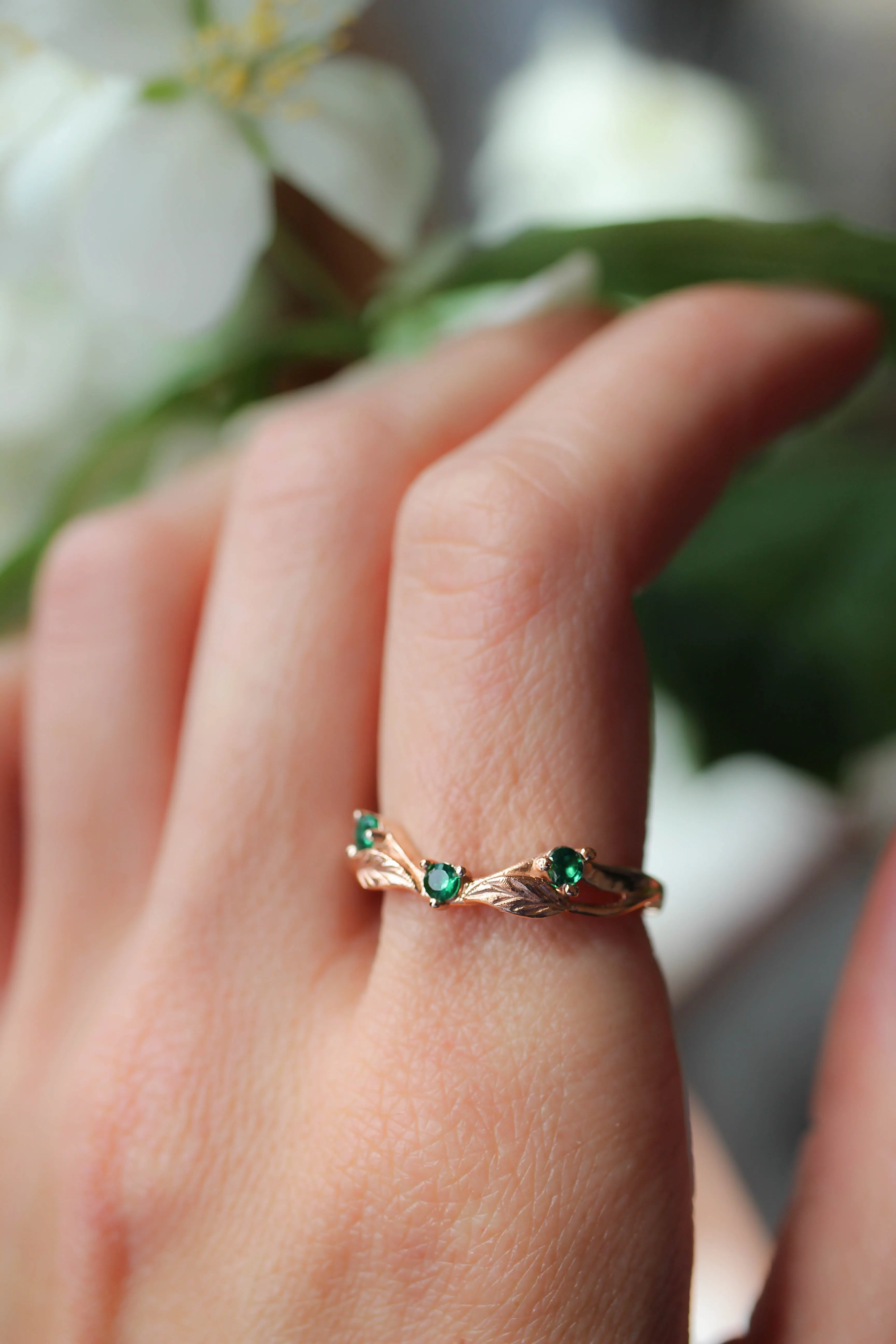 Curved wedding band with lab emeralds / matching band for Clematis