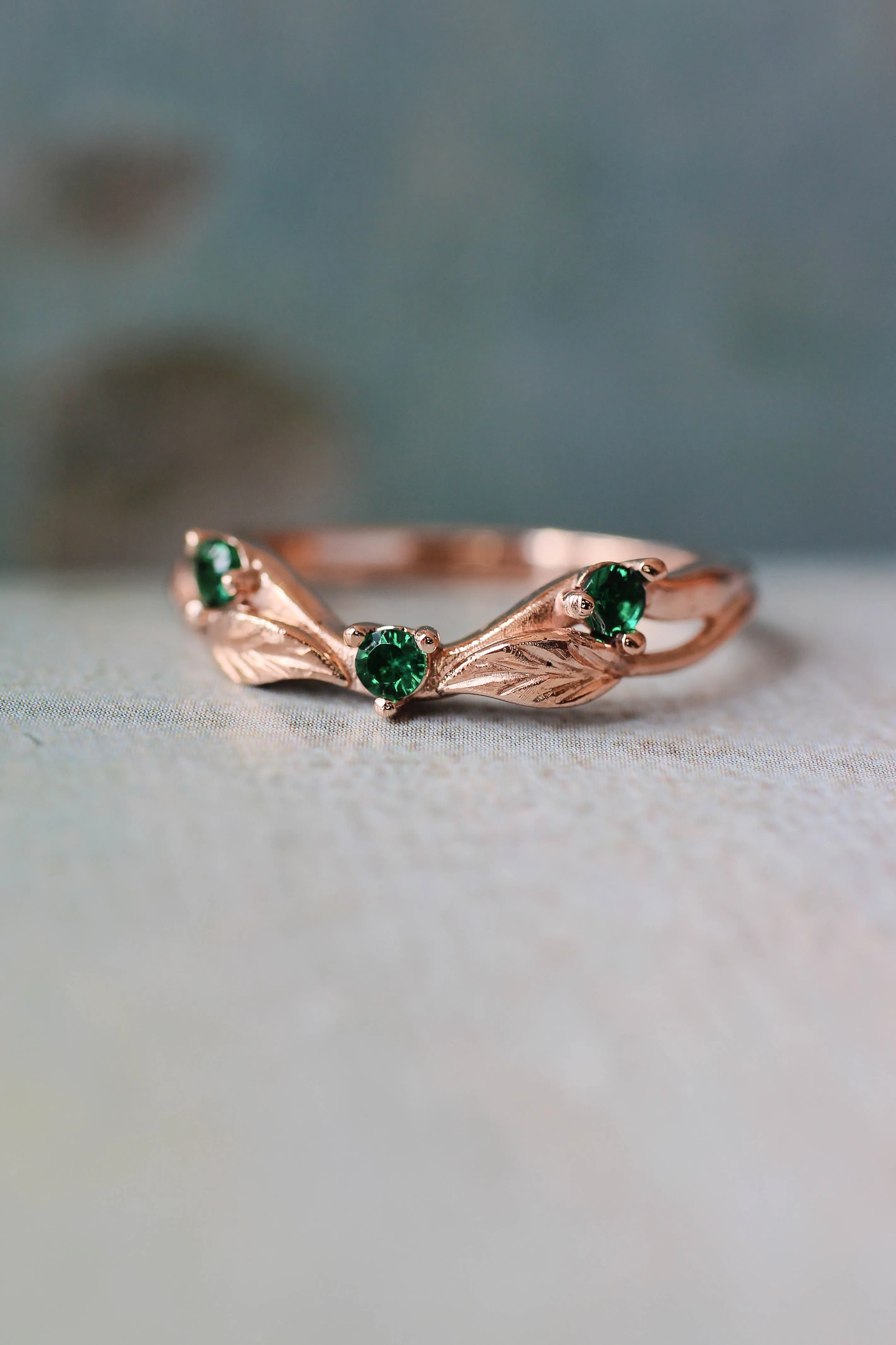 Curved wedding band with lab emeralds / matching band for Clematis