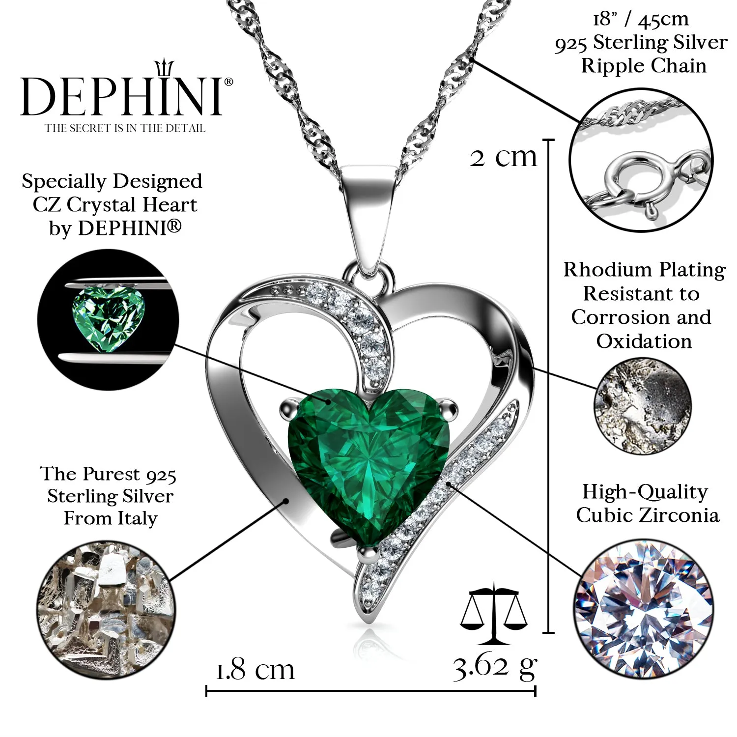 DEPHINI Green Heart pendant 925 Sterling Silver Heart Pendant CZ