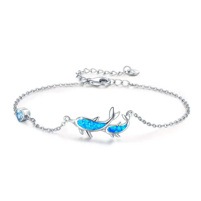 Dolphin Bracelets 925 Sterling Silver with Fire Blue Opal Dolphin Adjustable Charm Bracelets Cute Animal Ocean Beach Nautical Jewelry