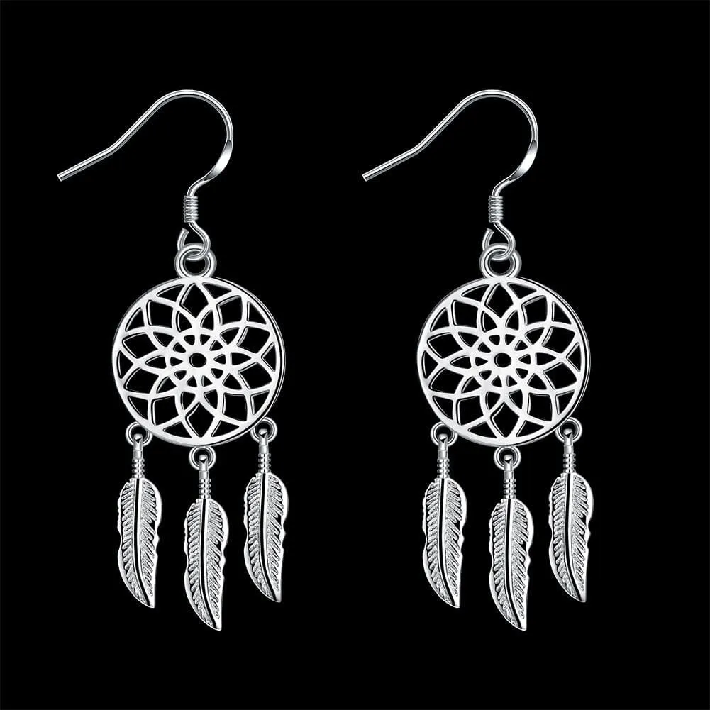 Dream Catcher Feathers Silver Earrings